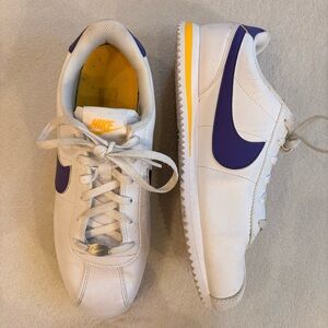 Nike Big Kids Cortez Sneakers White with Purple and Maize Yellow Accents Sz 6.5